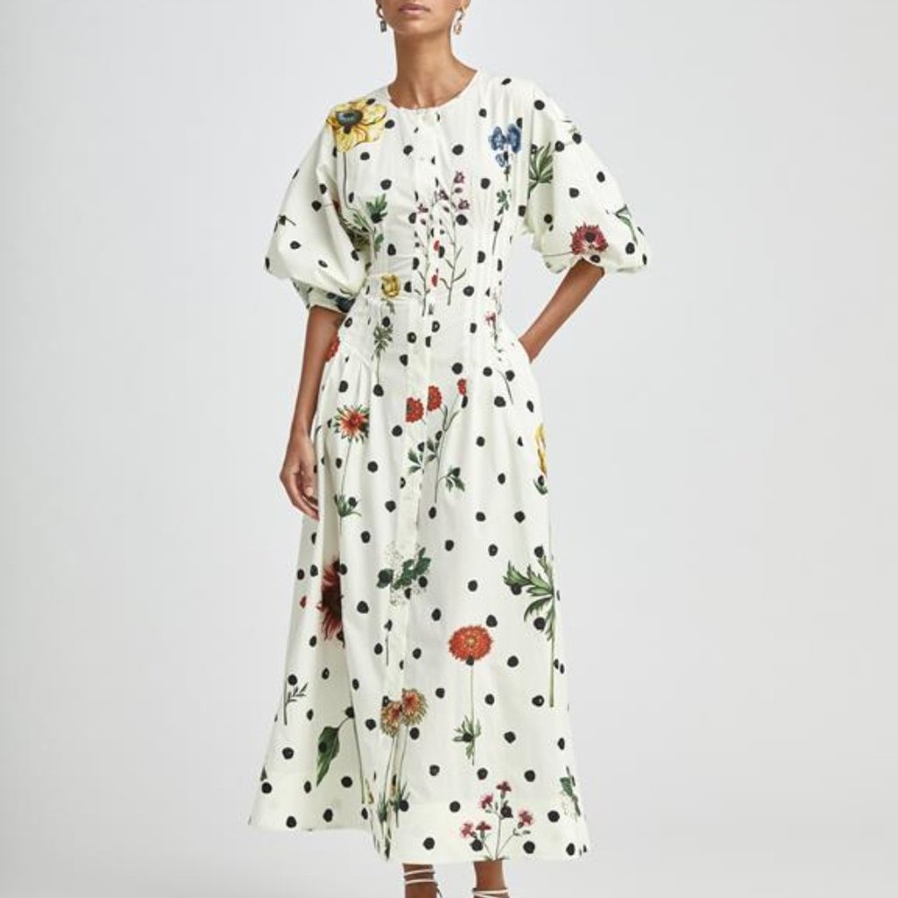 ●♡$2,590 NEW OSCAR DE LA RENTA GORGEOUS ECRU MULTI MIDI FLORAL DAY DRESS US 4